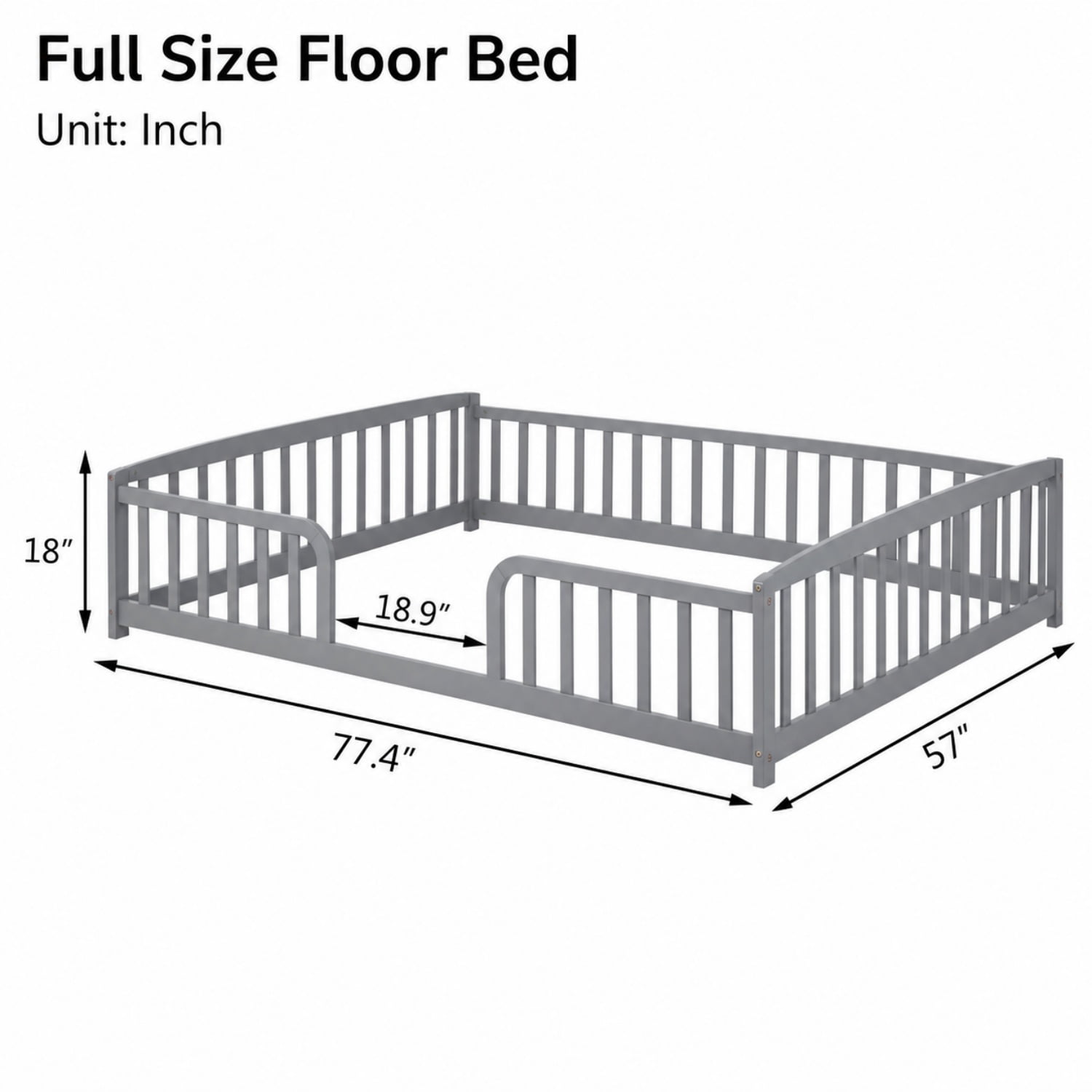Miniyam Full Size Floor Bed with Guardrails, Low Profile Wooden Kids Bed Frame with Rounded Entrance, Gray