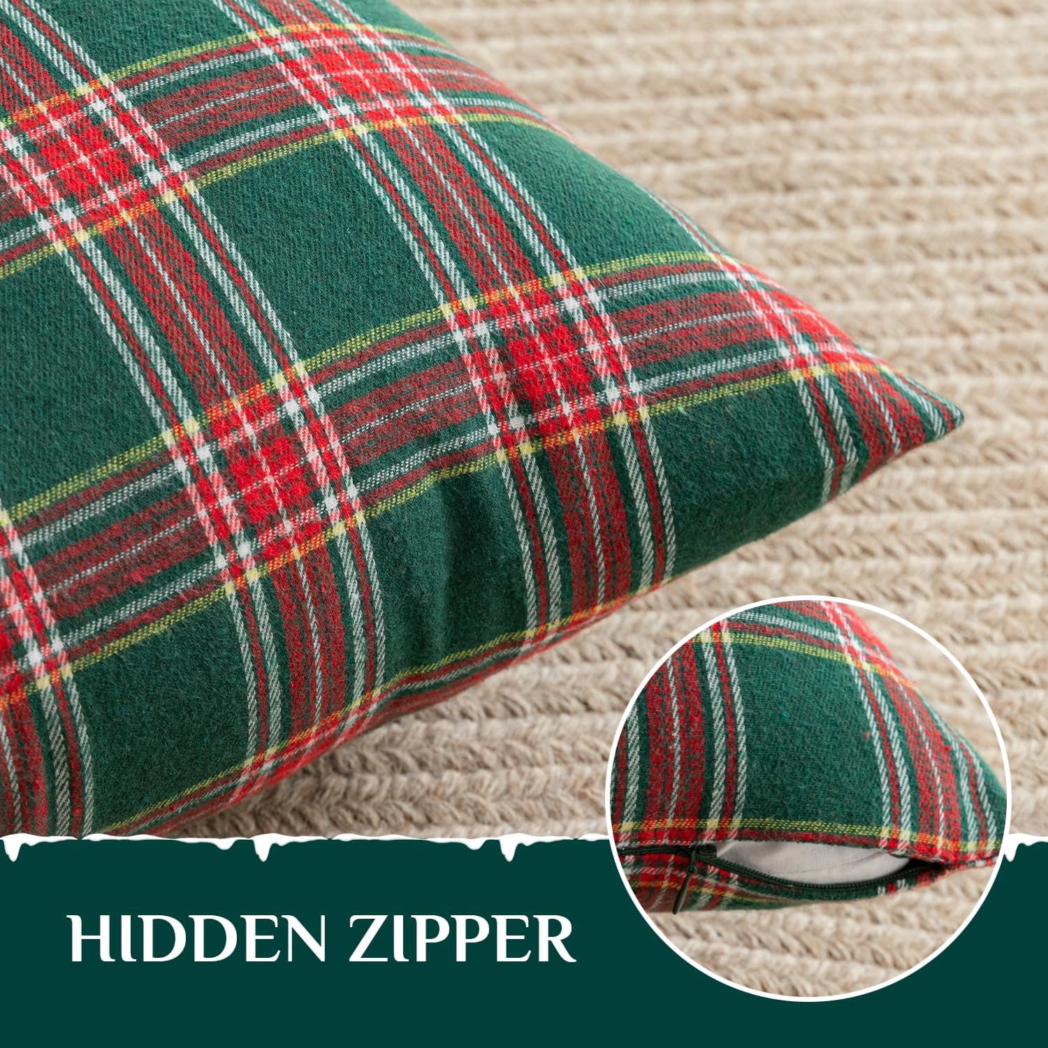 Christmas Pillow Cover 18x18 Set of 4 - Green Tartan Checkered Throw Pillow Cover, Farmhouse Buffalo Plaid Xmas Decorative Cushion Case for Couch Sofa, Christmas Holiday Decor