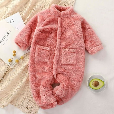 

purcolt Baby Boys Girls One-Piece Plush Jumpsuit Autumn Winter Warm Romper Outfits Solid Infant Toddler Pockets Snaps Bodysuit Playsuit Newborn Clothes