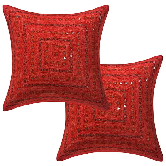 Stylo Culture Ethnic Decorative Throw Pillow Covers Boho Embroidered 16x16 Mirrored Dark Peach Bohemian 40x40 cm Bed Room Cotton Geometric Square Cushion Covers | Set Of 2