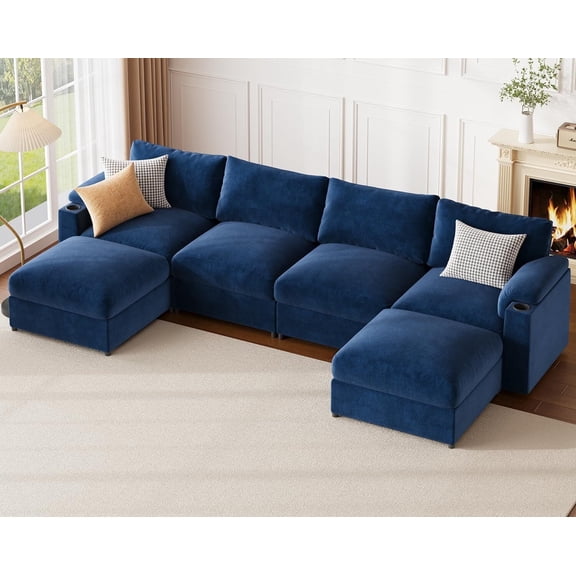 Modular Sectional Sofa Couch for Living Room, Oversized U-Shaped Cloud Couch with Deep Seats, Velvet Convertible Sleeper Sofa with Chaise, Cup Holders & Padded Armrests, 6-Seater