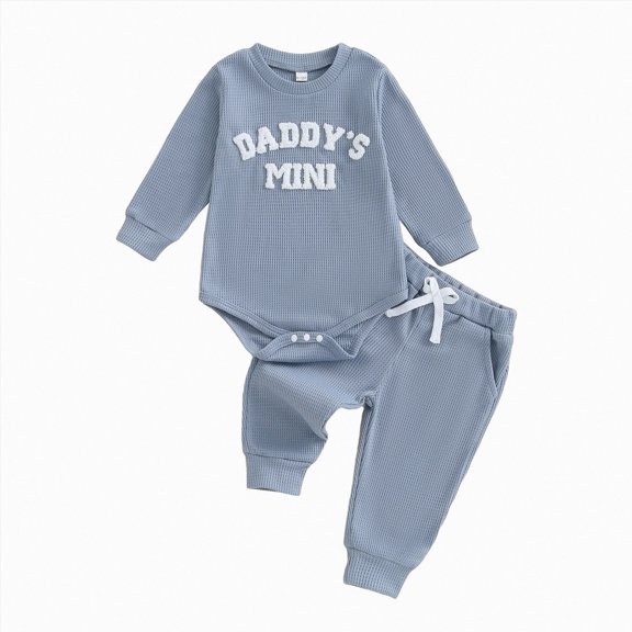 Xyant Baby Boy Clothes 3 6 12 18 Months Fall Winter Outfit Daddy's Mini Embroidery Waffle Long Sleeve Romper Pants Set (Blue,12-18 Months)