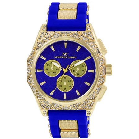 48mm Montres Carlo Men's Silicone Band Quartz Sports Stones Hip Hop Analog Watch (Gold/Blue)