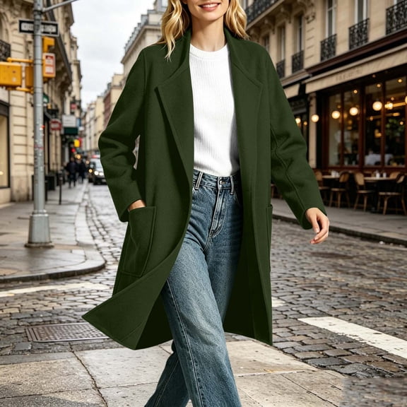 Kttectoa Coat for Women Fall Winter Wool Tweed Mid Long Open Front Coat Solid Refined Commuter All Match Outwear