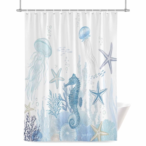 Light Blue Ocean Shower Curtain, 48" x 72", Seahorses Jellyfish Starfish Coastal Waterproof Bathroom Curtain Washable Shower Curtain Set with 12 Hooks