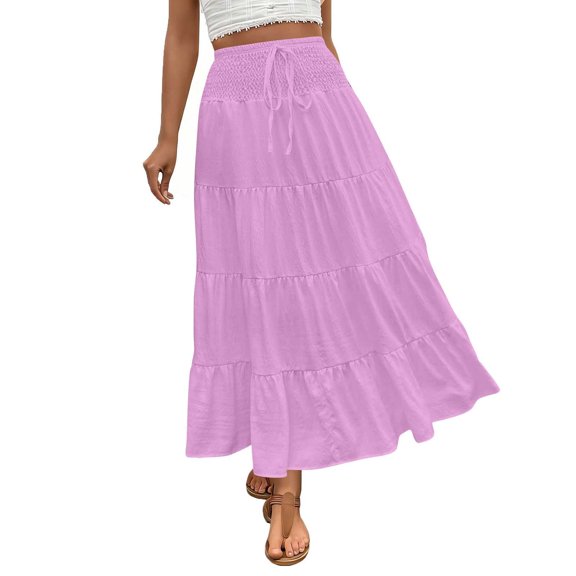 Levmjia Womens Long Skirt High Waist Bohemian Elastic Waist Pleated Flared Skirt Solid Color Soft Breathable Casual Skirt For Daily Dating Vacation Spring Summer Wear