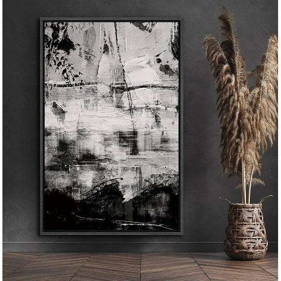 PixonSign Framed Canvas Print Wall Art Swirling Black and White Brushstrokes Abstract Shapes Illustrations Minimalism Alternative Edgy Dark for Living Room, Bedroom, Office - 16"x24" Black