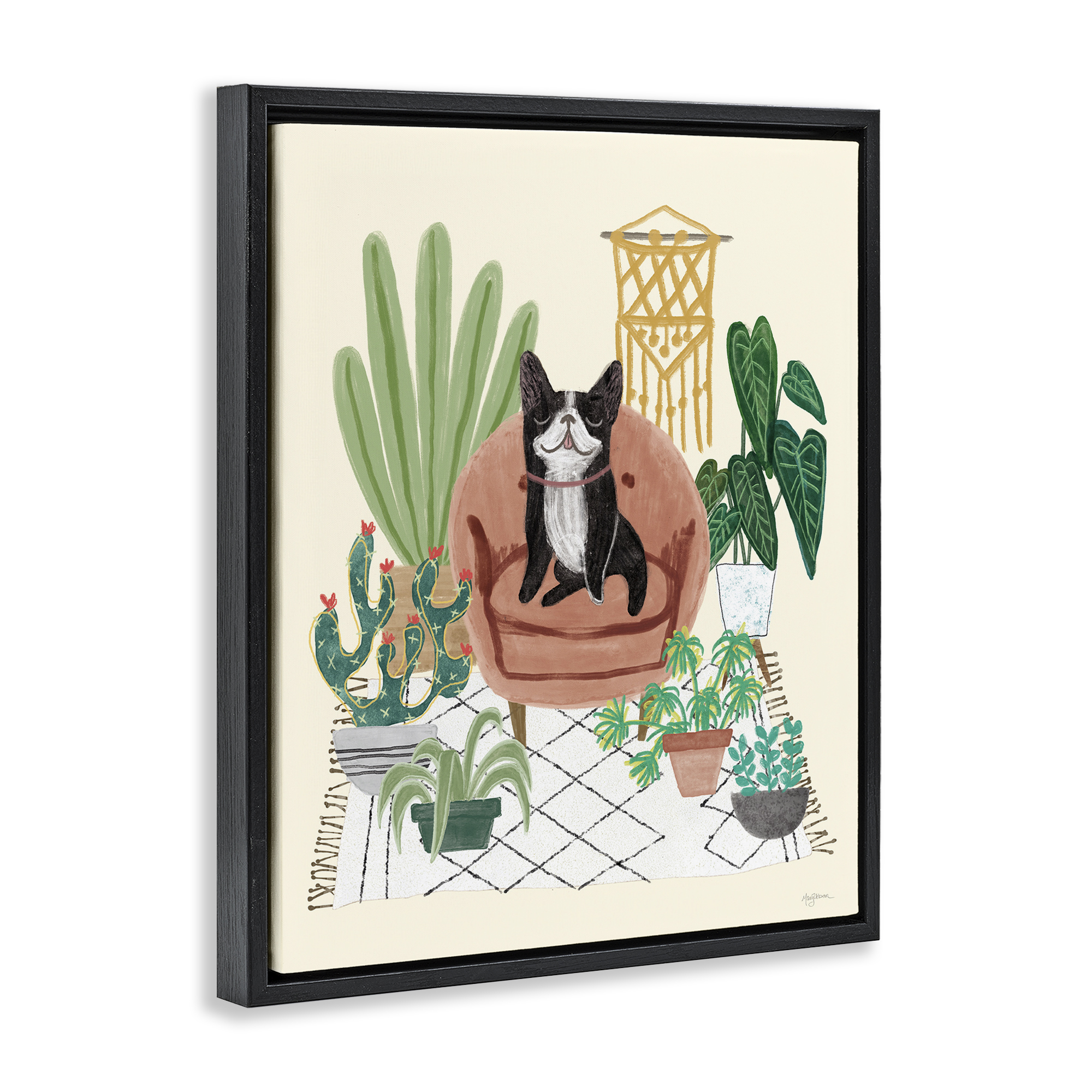 Stupell Industries French Bulldog & Plants Animals & Insects Painting Black Floater Framed Canvas Art Print Wall Art, 25 x 31