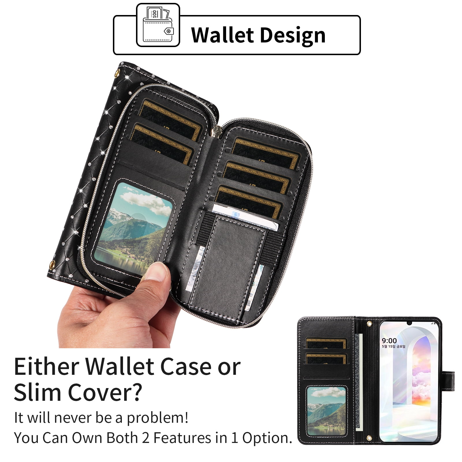 Asuwish Wallet Phone Case for LG Velvet 5G/LGVelvet Verizon G5 UW T-mobile 2020 Tempered Glass Screen Protector Bling Glitter Crossbody Lanyard Strap Flip Zipper Purse Card Holder Cell Cover Black