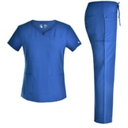 Stretch Women Nursing Scrubs Set - Pandamed Curved Notch Neck Doctor Slim Scrubs Medical Uniforms Top and Pants JYC302 ROYAL XL