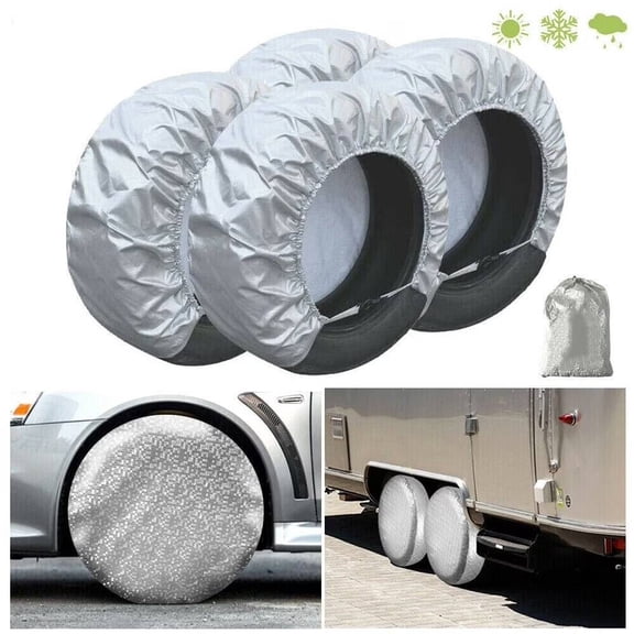 Waterproof Tire Covers Set of 4 Wheel & Tyre RV Trailer Camper Truck SUV Aluminum Film Tough Tire Wheel Sun Protector Fits 26" to 28" Tire Diameters (4Pcs)