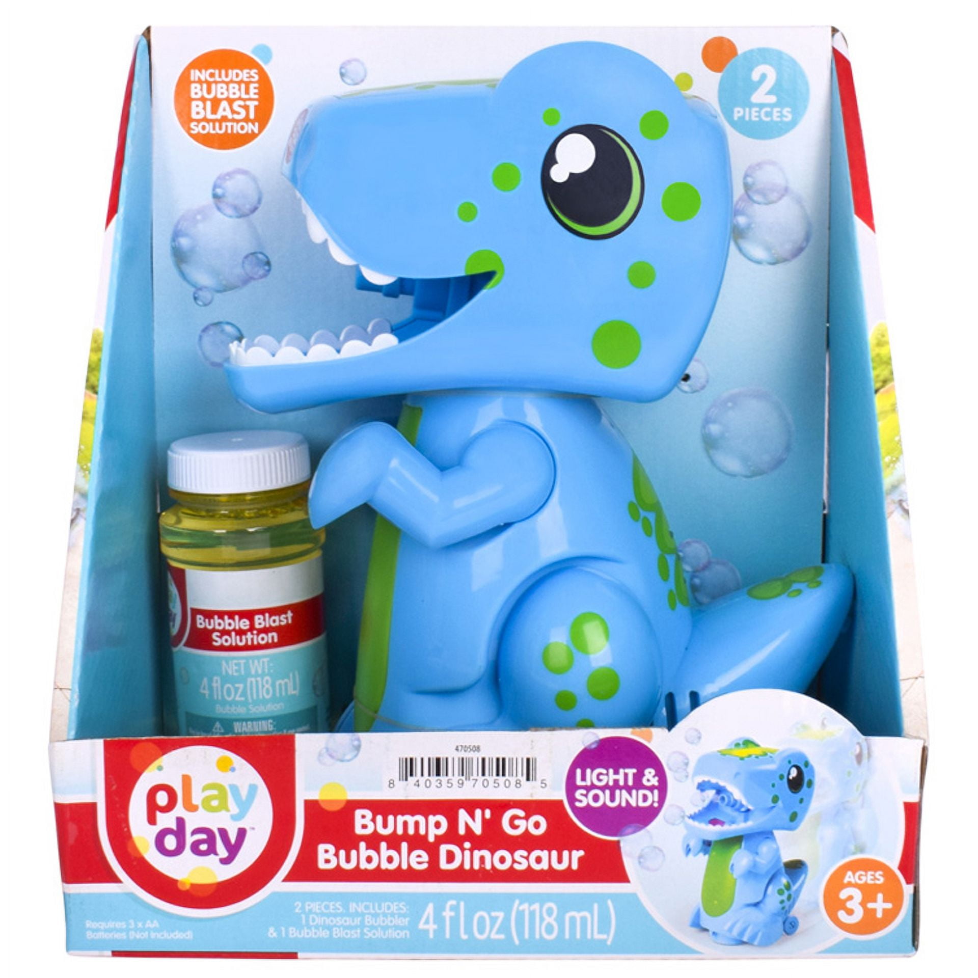 Play Day Bump N Go Bubble Blowing Dino-Lights, Sounds & Movement, 4 fl oz solution, Children Ages 3+