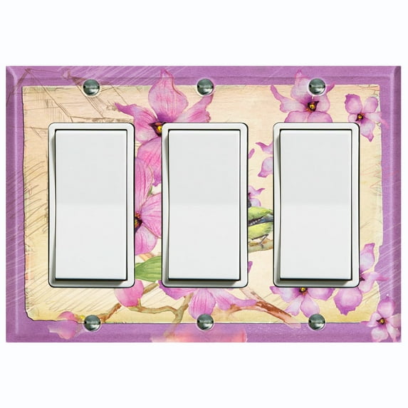 Metal Light Switch Plate Cover Antique Floral Hummingbird Home Sketch Purple FLW100