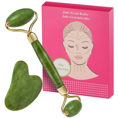 Jade Roller for Face,Jade Roller & Gua Sha Scrapping Tool Set, Natural(05)