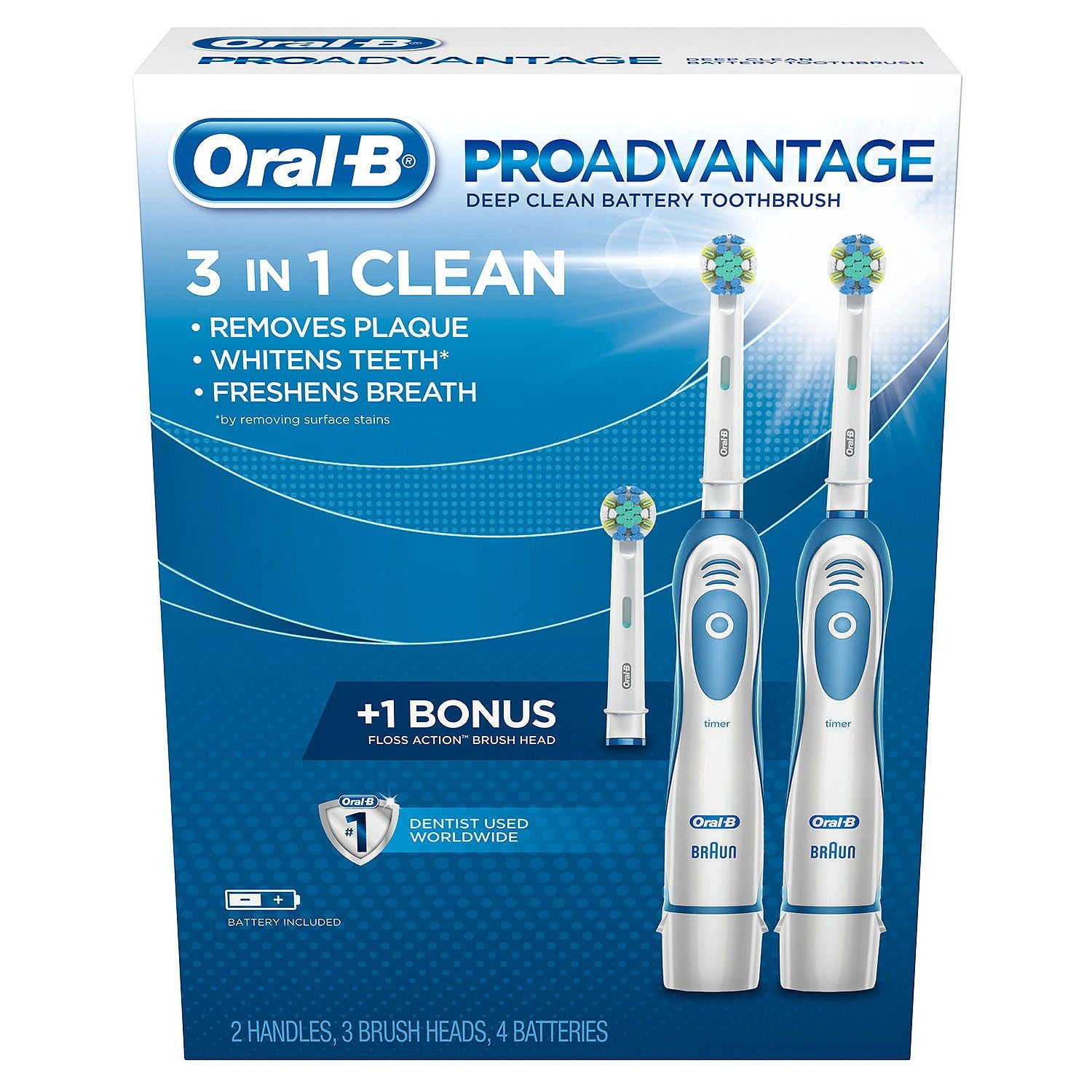Oral B Proadvantage Deep Clean Battery Toothbrush 2 Handles 3 Brush Heads 4 Batteries 