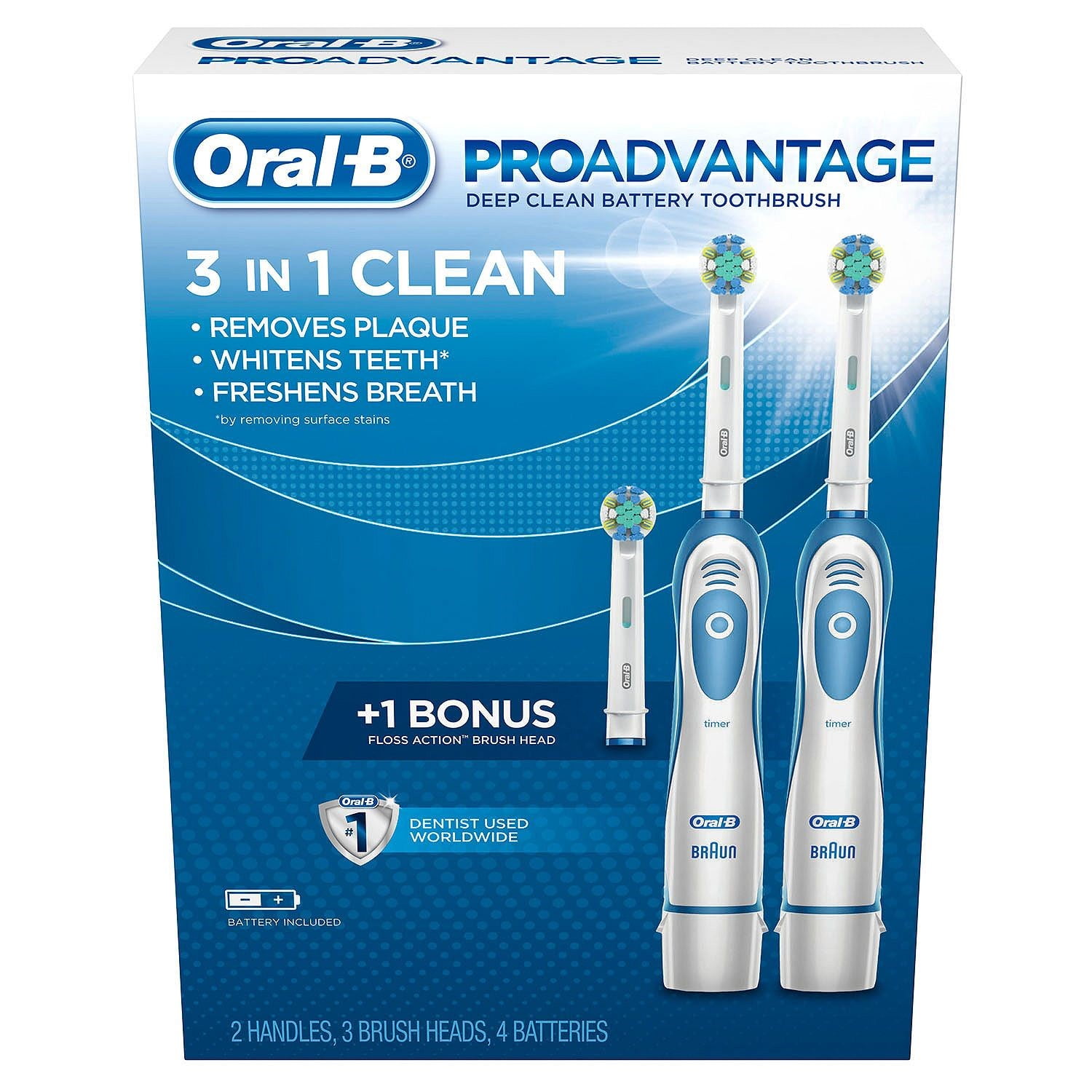 OralB ProAdvantage Deep Clean Battery Toothbrush, 2 Handles, 3 Brush