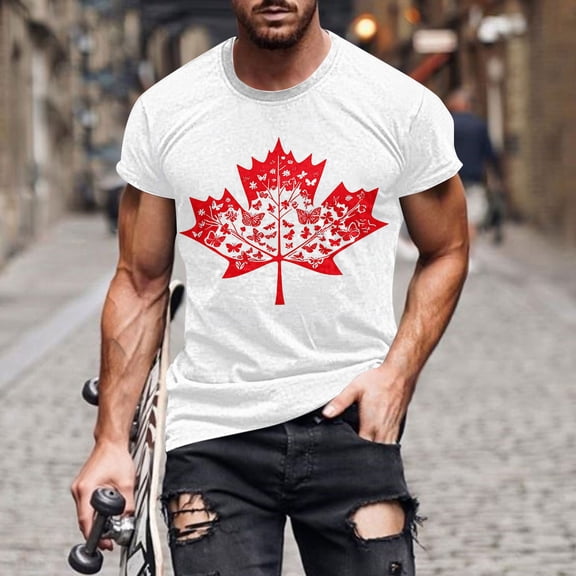 FRSASU Men's Canada Flag Print T-Shirt Maple Leaf Graphic Canadian Pride Patriotic Short Sleeve Crew Neck T-shirts White-I