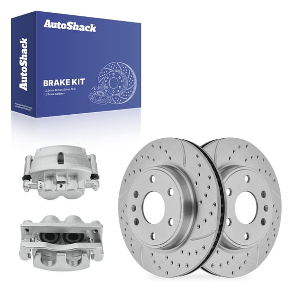 AutoShack Front Vented Drilled & Slotted Silver Zinc Coated Brake Rotors   Calipers 4-PC Brake Kit Replacement for 2007-2016 GMC Acadia 2009-2017 Chevrolet Traverse SilverShield Pro 12.8" (325 mm)