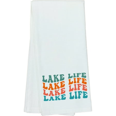 

Lake Life Quote About Living by Lakes Groovy Retro Wavy Text Merch Gift Dish Towel 16 x 25 IN