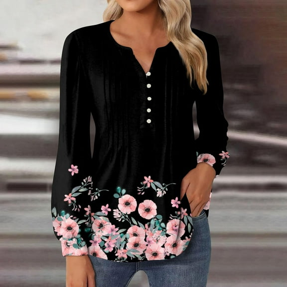 kytmyeq Women's Top Printing Round Neck Neckline Long Sleeved Pleated Button Up T-shirt