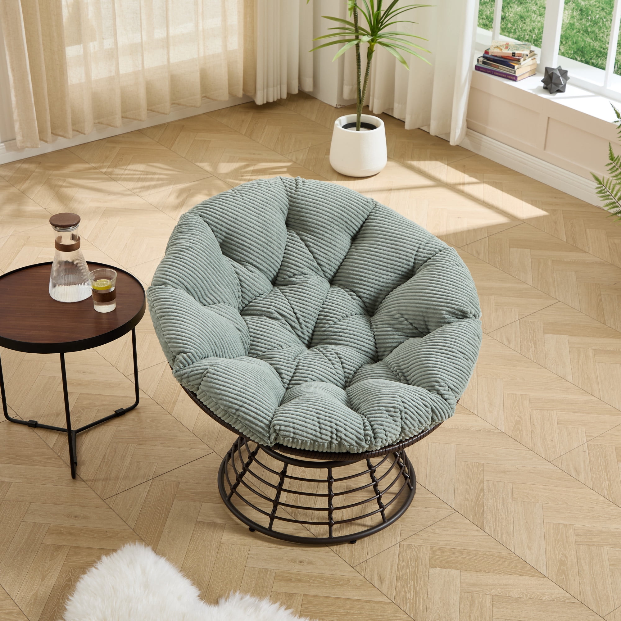 Howcool Indoor/Patio Swivel Chair with Corduroy Cushion, Round Accent Armless Rattan Egg Chair