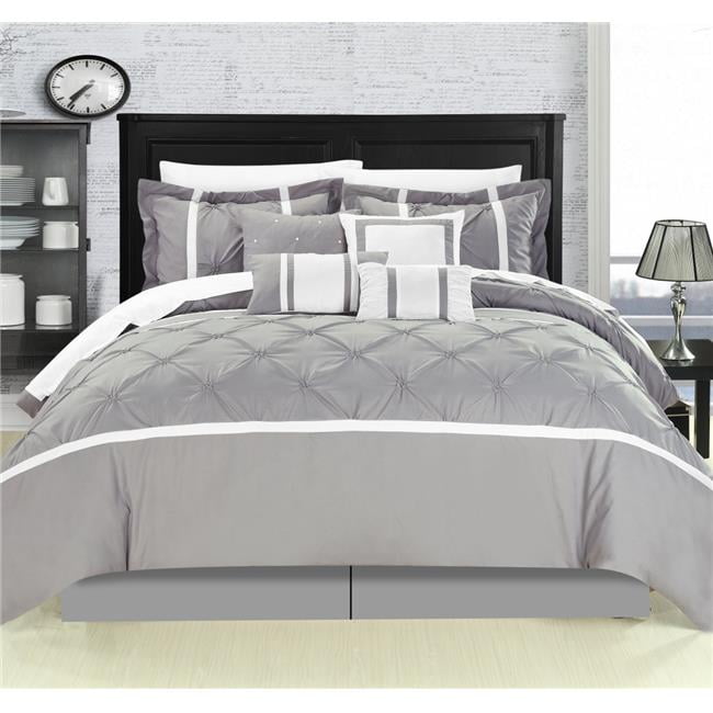 7-Pc Keani Quilted Abstract Wavy Lines Embroidery Comforter Set White Gray Queen 