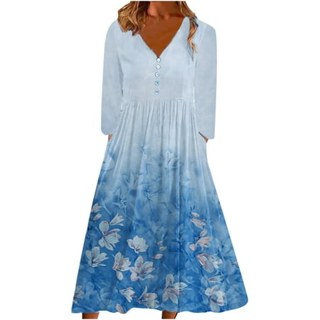 

Women Causal Printed V-Neck Flowy Dresses Long Sleeve Holiday Vacation Long Dress with Pockets