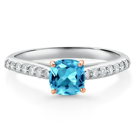 Gem Stone King 0.83 Ct Swiss Blue Topaz G/H Lab Grown Diamond 10K White Gold Engagement Ring with Rose Gold Prongs (Size 8)