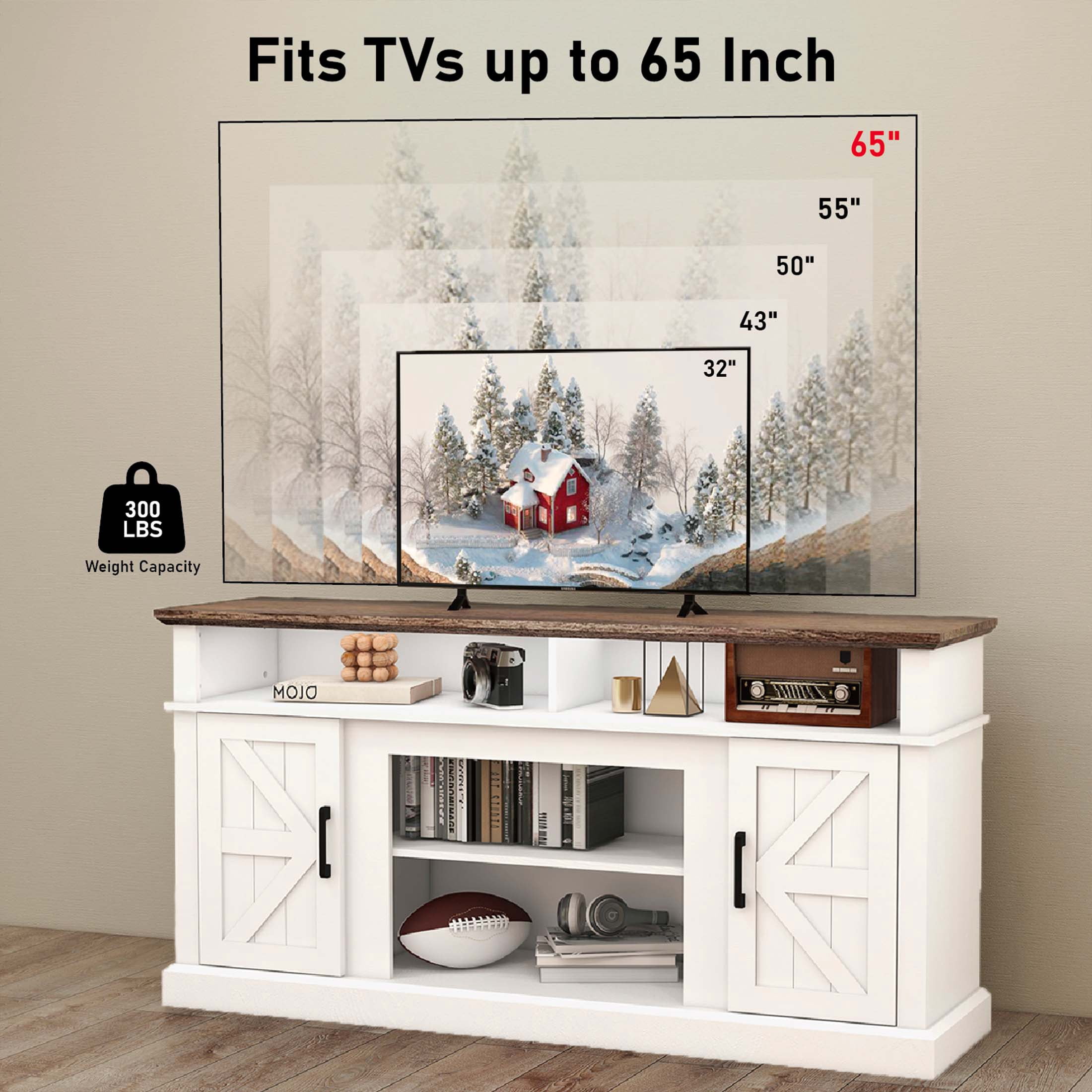 Luban Nese TV Stand for 65 Inch TV, Entertainment Center with Storage Cabinets and Barn Doors, Mid Century Modern Media TV Console Table for Living Room Bedroom (58" White)