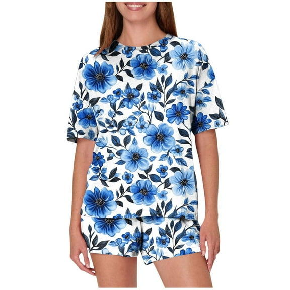 Idoravan Pajamas for Women Shorts and Short Sleeve Short Sleeve Womens Tops Women Shorts Women's Casual Loose Printing Round Neck Short Sleeved Shorts Pajamas Suit