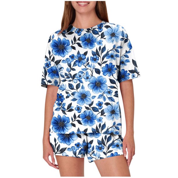 Trajes de Pantalones para Mujeres Casual Suelta Impresión Manga Corta, Cuello Redondo Pantalones Cortos Pijamas Poliéster