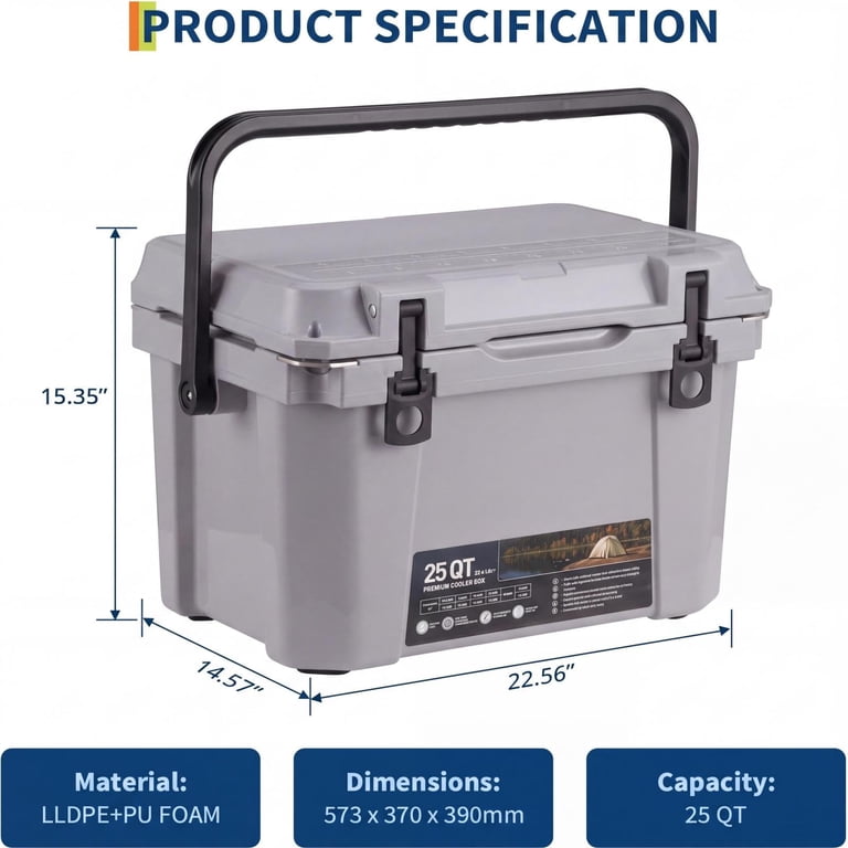 25 Qt Camping Cooler, Heavy Duty Ice Chest with 7-Day Ice