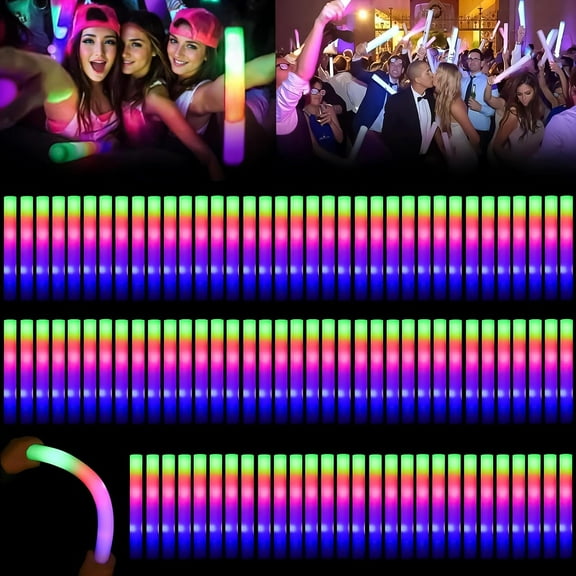 100PCS Foam Glow Sticks, LED Light Up Foam Sticks with 3 Modes Flashing Changing, Bulk Glow Sticks, Glow in the Dark Party Supplies for Parties, Wedding, Birthday, Raves, Concert, New Year