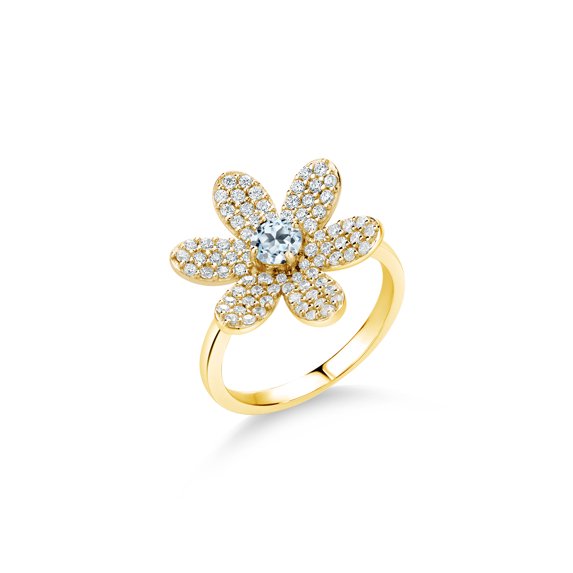 1.64 Ct Round Sky Blue Topaz Keren Hanan ART 18K Yellow Gold Plated Silver Women Flower Ring