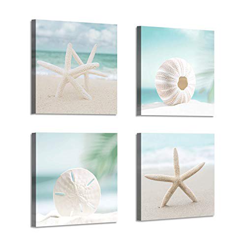Beach Starfish Picture Wall Art: Seashell on Sand Artwork Painting Print on Canvas for Bedroom (16"W x 16"H x 4 Pcs,Multi-Sized)