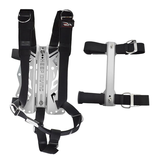 Conjunto de placa trasera de buceo, arnés de buceo, adaptador de tanque único, equipo de montaje trasero, soporte de placa trasera para buceo al aire plata