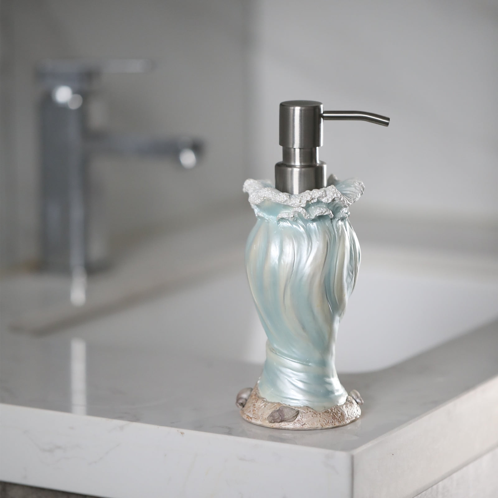 WiMifar Soft Touch Resin Sea Wave Nautical Sea Wave Soap Dispenser, 7 oz, Free Standing