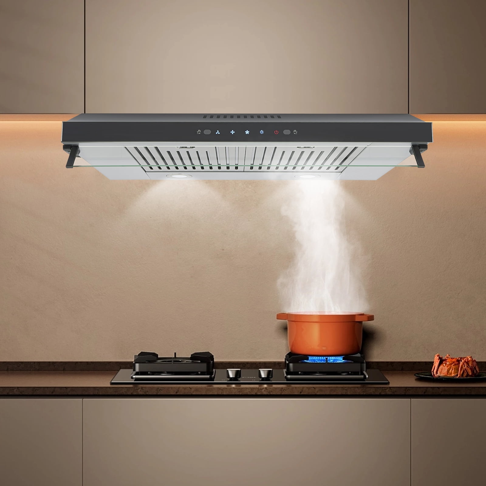 High Performance Range Hood, 75cm Wide, Double 100W Motors, 900CFM Airflow, Deep Groove Baffles, Activated Carbon Filters, Touch Control, LED Lights, Ducted/Ductless, USA Standard