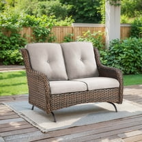 PARKWELL Outdoor Wicker Loveseat Glider with Beige Cushion in Brown Rattan Finish