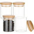 thumbnail image 1 of Paquete de 4 frascos de vidrio transparente con tapas de bambú, 200 ml (7 oz), pequeños y herméticos, redondos, para almacenar especias, azúcar y sal. Incluyen tapas con anillo de silicona., 1 of 5