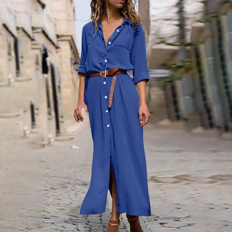 Ygbgbb Women's Loose Long Sleeve Button Down Shirt Dresses Summer Beach  Long Maxi Dress with Belt Blue XL - Walmart.com