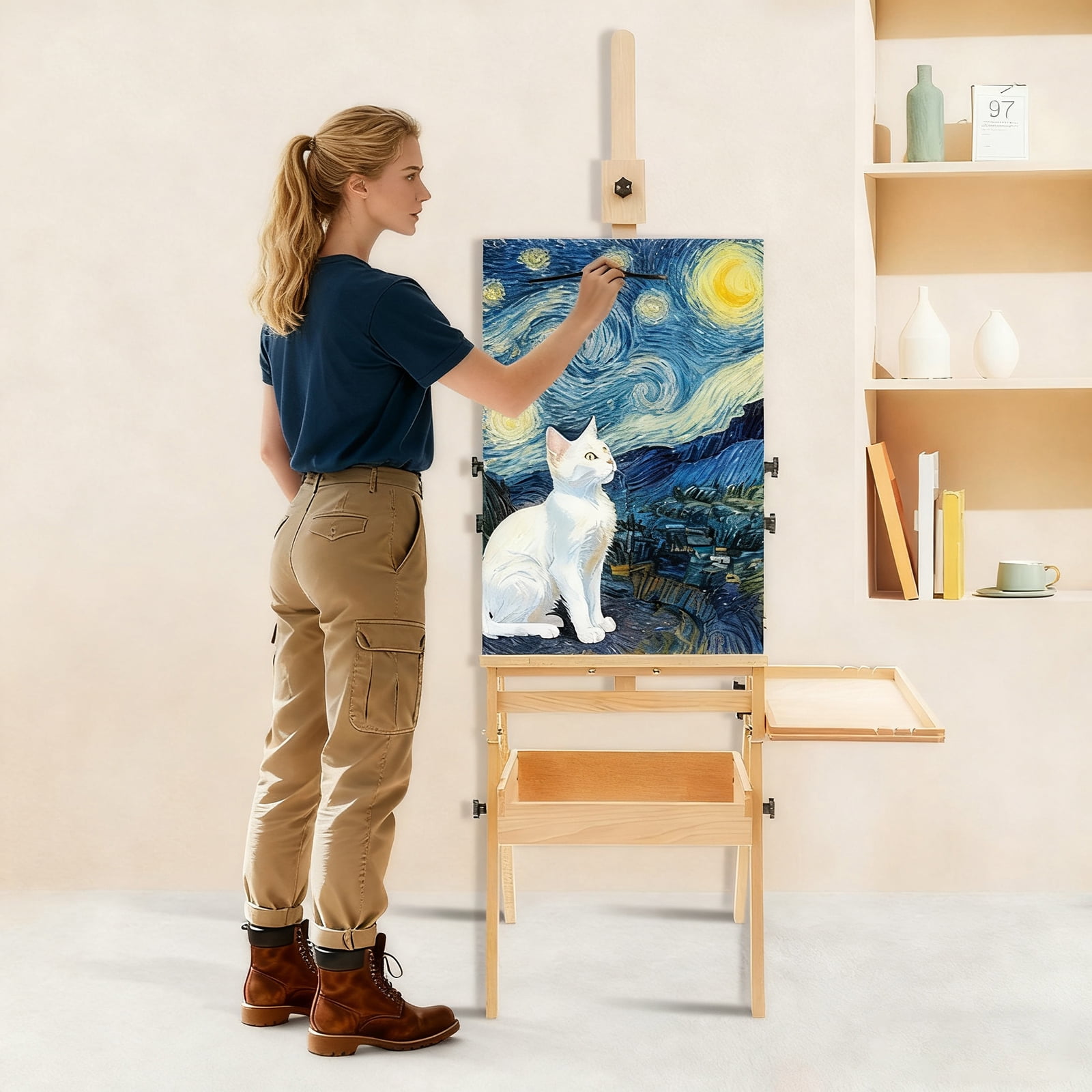 Foldable Beech Wood Easel Stand with Storage, Adjustable Height 59-72.4 inch Painting Holder for Canvas, Wood Color Art Studio Easel for Adults & Students