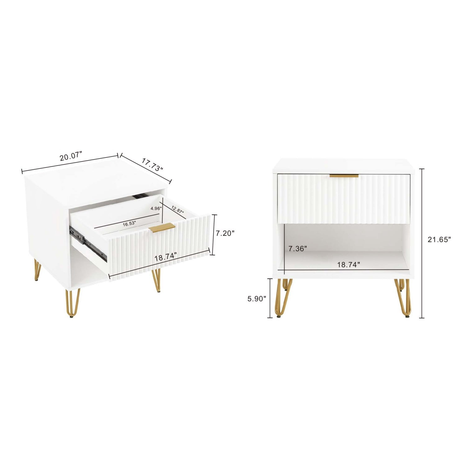 Nightstand, Modern Glam Bedside Table with 1 Drawer, Vertical Ribbed Texture, Gold Handle and Splayed Metal Legs, Storage End Table for Bedroom Living Room, White
