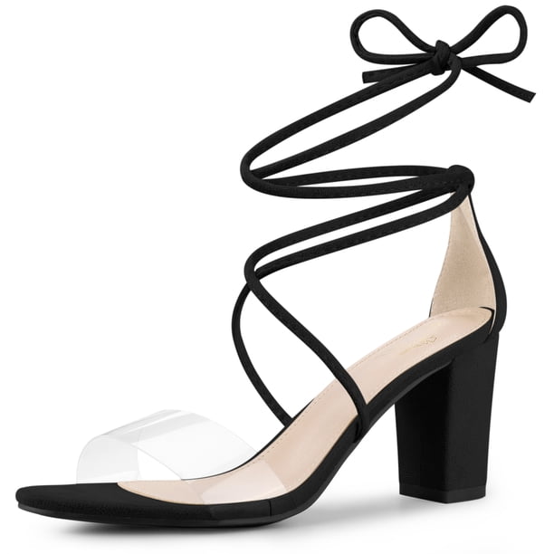 Sandalias de tacón en bloque con correa transparente y tacón con cordones para mujer Negro 40