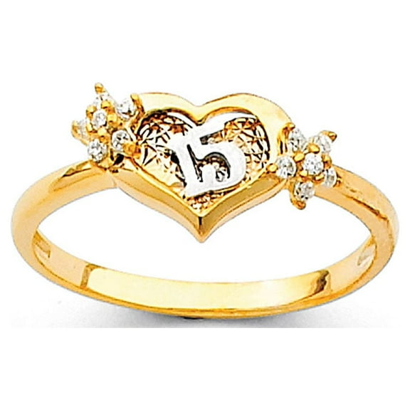 14k Yellow Gold Heart 15 Quince Ring Quinceanera Band CZ Flowers Love Diamond Cut Fancy Size 6.5