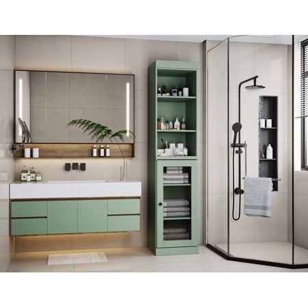 100% Solid Wood 16.5 Bathroom Storage Cabinet with Frosted Glass Doors and Adjustable Shelves