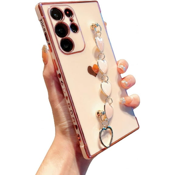 Compatible with Samsung Galaxy S23 Ultra Phone Case Women Luxury Plating Cute Love Heart Case with Heart Chain Bracelet Strap Soft Case for Galaxy S23 Ultra 6.8 inch (Pink)