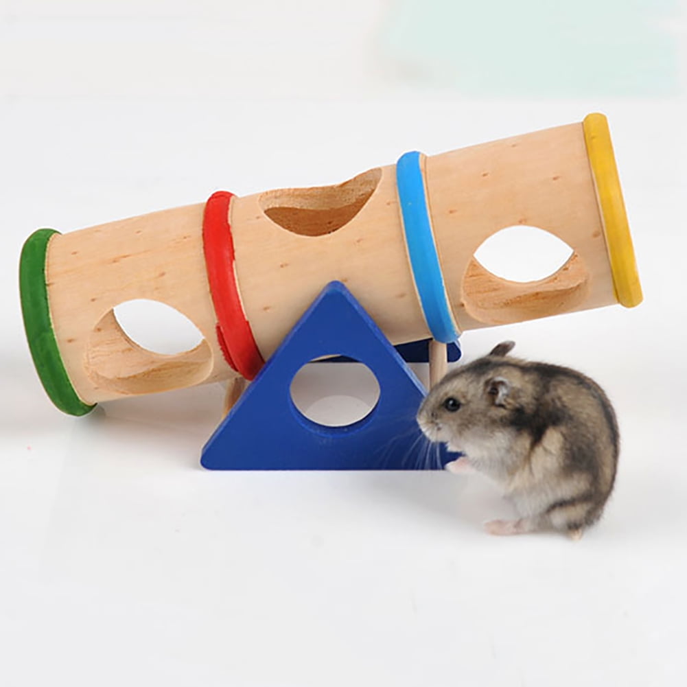 ghfashion Multi Hole Wooden Hamster Pet Seesaw Barrel Tube Tunnel Cage House Hide Play Toy
