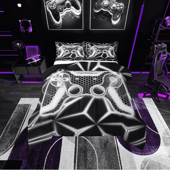 Erosebridal Video Game Bedding Twin Comforter Set,Grey Neon Down Comforter,Geometric Honeycomb Bedding Sets Twin with Comforter,Lightweight Gamepads Bedroom Decorative,Reversible,2-Piece