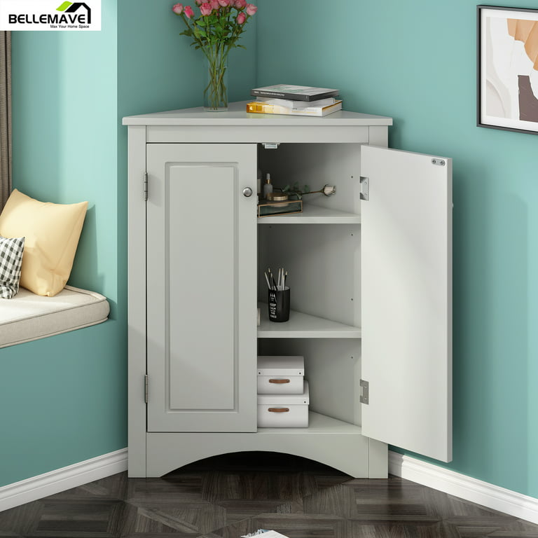 Bellemave Modern Triangle Bathroom Corner Cabinet, Bathroom Storage Cabinet  with Adjustable Shelves, Freestanding Floor Cabinet for Bathroom, Living